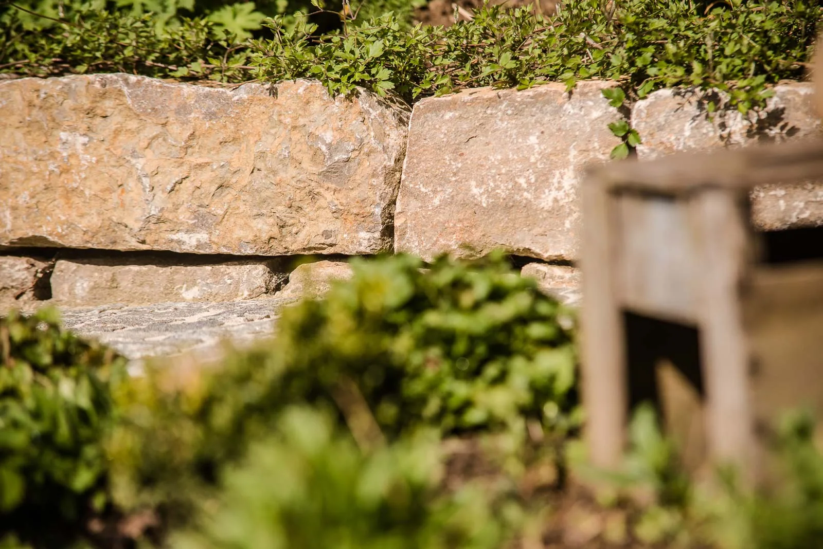 Trockenmauer aus Naturstein mit Bepflanzung und Holzzaun